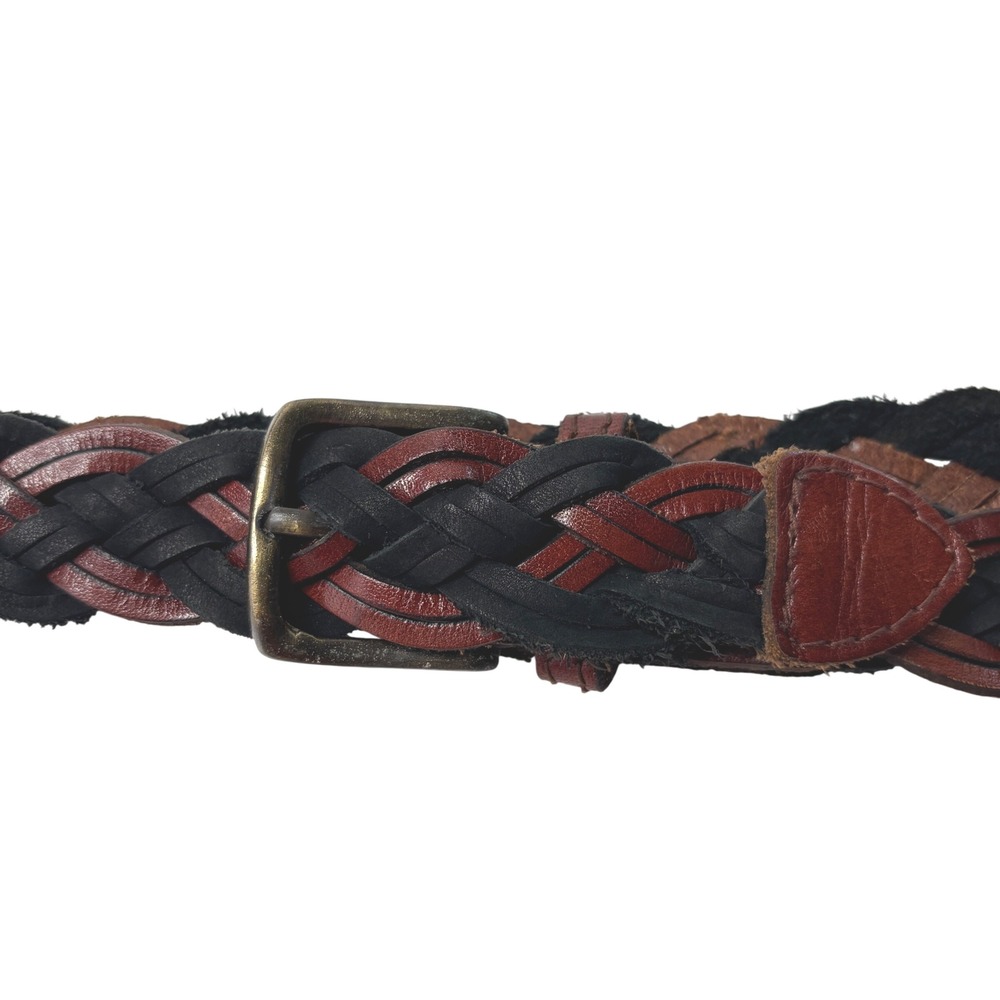 Vintage Braided Leather Belt Brown Black Two Tone Woven Brass Buckle Size 36